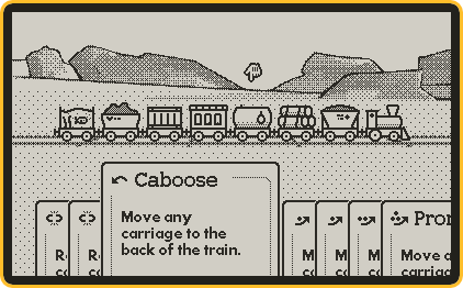 A screen shot of the main game screen. In the middle of the screen, a train with seven different carriages is travelling along the tracks. A manicule points at one of the carriages. On the bottom of the screen, there is a stacked hand of seven cards. The selected card reads, 'Caboose: Move any carriage to the back of the train.'