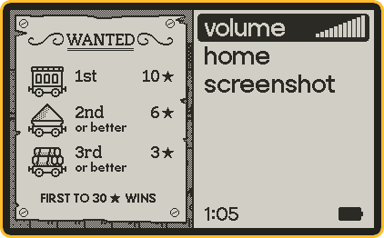 A screen shot of the menu screen during a turn. The left side of the screen shows a 'wanted' poster and shows three different carriages. Next to each carriage, it says, '1st: 10 points, 2nd or better: 6 points, 3rd or better: 3 points'. At the bottom of the poster, it says 'First to 30 points wins'.