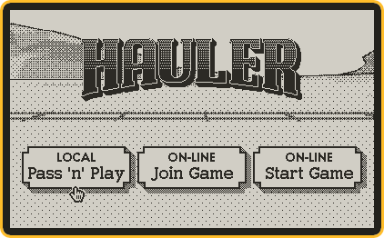 A diagram of the Hauler main menu, showing the logo and three game mode buttons. A manicule points towards one of the buttons.