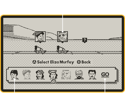 A diagram of the player selection screen. In the middle of the screen, two handcars are travelling along the tracks with avatar images above them. A question mark appears in a space where a third handcar would be. Along the bottom of the screen, there is a row of seven avatars and a Go button. A manicule points towards one of the avatars. Two of the avatars appear to be struck out.