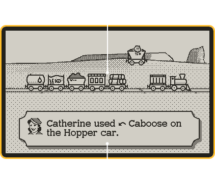 A diagram of the replay screen. In the middle of the screen, a train with seven different carriages is travelling along the tracks. A manicule has picked up one of the carriages. At the bottom of the screen, there is a picture of an avatar and text that reads, 'Catherine used Caboose on the Hopper car.'