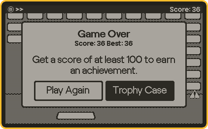 The game over screen in Brick Break, showing a score of 36. It reads, 'Get a score of at least 100 to earn an achievement.'