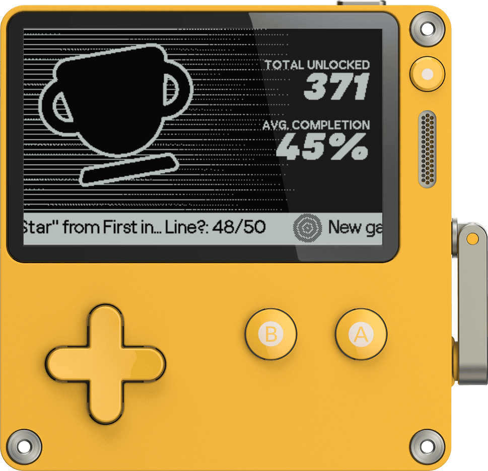 A Playdate console with the Trophy Case app open. It shows 371 total unlocked achievements, and 45% average completion.